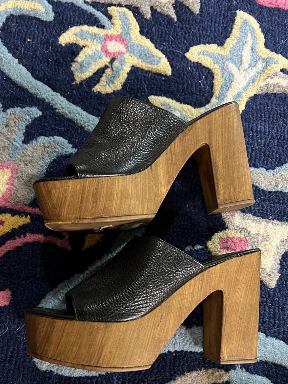 Black Pebbled Leather Platform Mules with Wood-Effect Heel